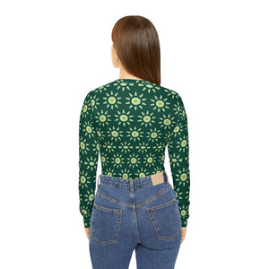 Women’s V-neck Long Sleeve, Green Floral Sunburst All-over Print - T-shirts