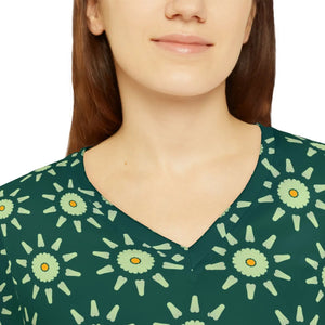 Women’s V-neck Long Sleeve, Green Floral Sunburst All-over Print - T-shirts