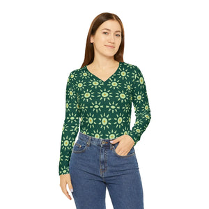 Women’s V-neck Long Sleeve, Green Floral Sunburst All-over Print - T-shirts