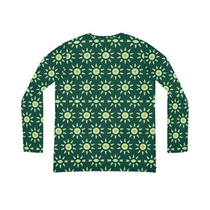 Women’s V-neck Long Sleeve, Green Floral Sunburst All-over Print - T-shirts