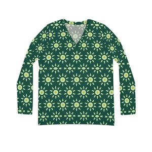 Women’s V-neck Long Sleeve, Green Floral Sunburst All-over Print - T-shirts