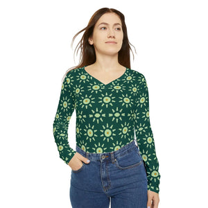 Women’s V-neck Long Sleeve, Green Floral Sunburst All-over Print - T-shirts