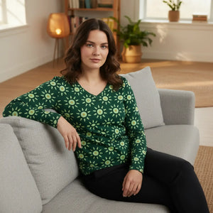 Women’s V-neck Long Sleeve, Green Floral Sunburst All-over Print - Xs - All Over Prints