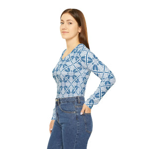 Women’s V-neck Long Sleeve Shirt, Blue Geometric Tile Print - T-shirts - Xs