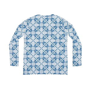 Women’s V-neck Long Sleeve Shirt, Blue Geometric Tile Print - T-shirts - Xs