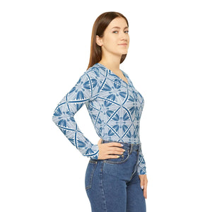 Women’s V-neck Long Sleeve Shirt, Blue Geometric Tile Print - T-shirts - Xs