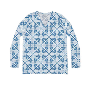 Women’s V-neck Long Sleeve Shirt, Blue Geometric Tile Print - T-shirts - Xs