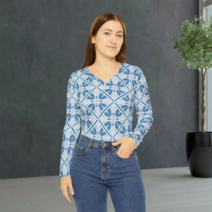 Women’s V-neck Long Sleeve Shirt, Blue Geometric Tile Print - T-shirts - Xs