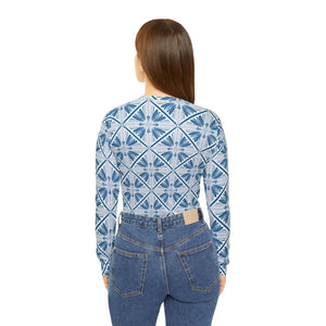 Women’s V-neck Long Sleeve Shirt, Blue Geometric Tile Print - T-shirts - Xs