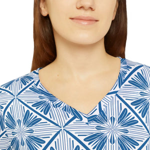 Women’s V-neck Long Sleeve Shirt, Blue Geometric Tile Print - T-shirts - Xs