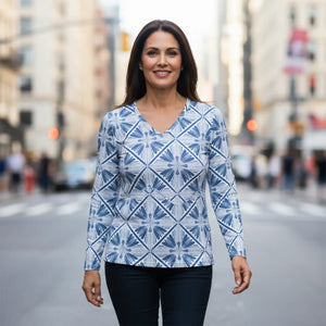 Women’s V-neck Long Sleeve Shirt, Blue Geometric Tile Print - T-shirts - Xs