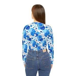 Women’s V-neck Long Sleeve Shirt, Blue Retro Bubble Allover Print - T-shirts - Xs