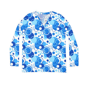 Women’s V-neck Long Sleeve Shirt, Blue Retro Bubble Allover Print - T-shirts - Xs