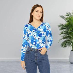 Women’s V-neck Long Sleeve Shirt, Blue Retro Bubble Allover Print - T-shirts - Xs