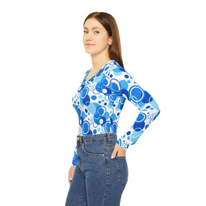 Women’s V-neck Long Sleeve Shirt, Blue Retro Bubble Allover Print - T-shirts - Xs