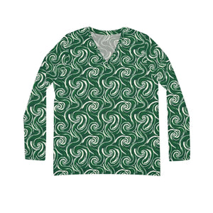 Women’s V-neck Long Sleeve Shirt, Green Swirl All-over Print - T-shirts