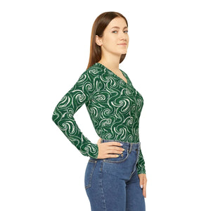 Women’s V-neck Long Sleeve Shirt, Green Swirl All-over Print - T-shirts