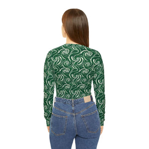 Women’s V-neck Long Sleeve Shirt, Green Swirl All-over Print - T-shirts