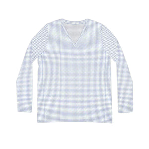 Women’s V-neck Long Sleeve Shirt, Soft Blue Gingham All-over Print - T-shirts - Xs