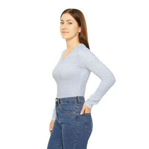 Women’s V-neck Long Sleeve Shirt, Soft Blue Gingham All-over Print - T-shirts - Xs