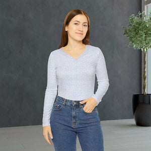 Women’s V-neck Long Sleeve Shirt, Soft Blue Gingham All-over Print - T-shirts - Xs