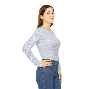 Women’s V-neck Long Sleeve Shirt, Soft Blue Gingham All-over Print - T-shirts - Xs