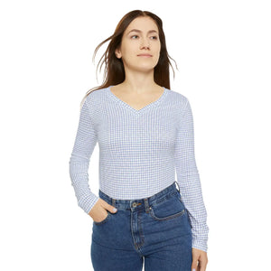Women’s V-neck Long Sleeve Shirt, Soft Blue Gingham All-over Print - T-shirts - Xs