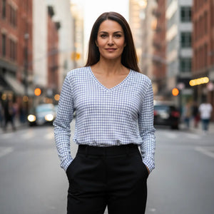 Women’s V-neck Long Sleeve Shirt, Soft Blue Gingham All-over Print - T-shirts - Xs
