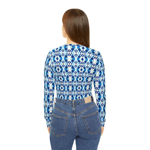 Blue Ikat All‑over Print Women’s V‑neck Long Sleeve Top - T-shirts - Xs
