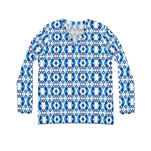 Blue Ikat All‑over Print Women’s V‑neck Long Sleeve Top - T-shirts - Xs