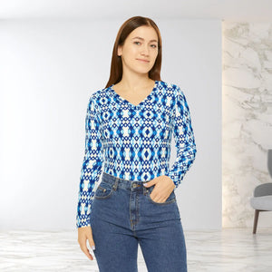 Blue Ikat All‑over Print Women’s V‑neck Long Sleeve Top - T-shirts - Xs