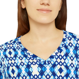 Blue Ikat All‑over Print Women’s V‑neck Long Sleeve Top - T-shirts - Xs
