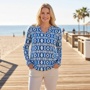 Blue Ikat All‑over Print Women’s V‑neck Long Sleeve Top - T-shirts - Xs