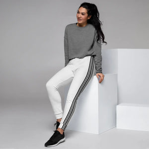 Women’s White Jogger Pants with Black Side Stripes | Athletic Track Joggers - s
