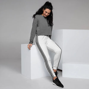 Women’s White Jogger Pants with Black Side Stripes | Athletic Track Joggers - s