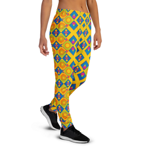 Women’s Yellow Geometric Print Joggers | Colorful Diamond Pattern Legging Pants - s