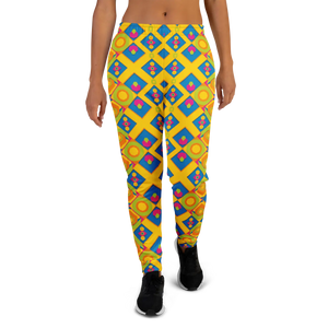 Women’s Yellow Geometric Print Joggers | Colorful Diamond Pattern Legging Pants - s