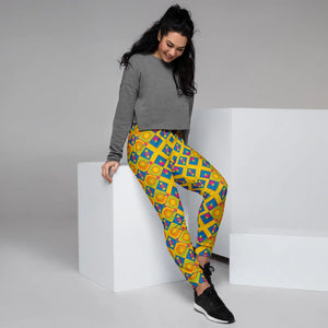 Women’s Yellow Geometric Print Joggers | Colorful Diamond Pattern Legging Pants - s