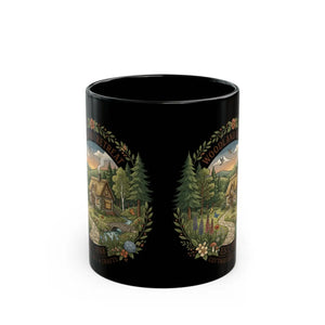 Woodland Retreat Black Coffee Mug – Scenic Cabin River & Forest Design (11oz/15oz) - Mugs