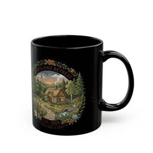 Woodland Retreat Black Coffee Mug – Scenic Cabin River & Forest Design (11oz/15oz) - Mugs