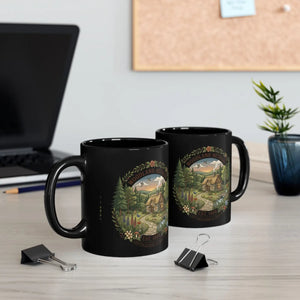 Woodland Retreat Black Coffee Mug – Scenic Cabin River & Forest Design (11oz/15oz) - Mugs