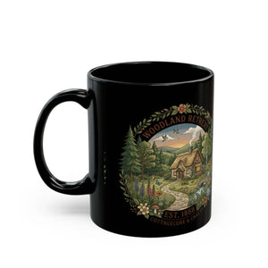 Woodland Retreat Black Coffee Mug – Scenic Cabin River & Forest Design (11oz/15oz) - Mugs