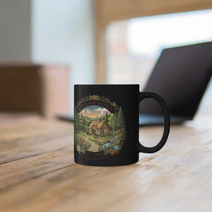 Woodland Retreat Black Coffee Mug – Scenic Cabin River & Forest Design (11oz/15oz) - Mugs