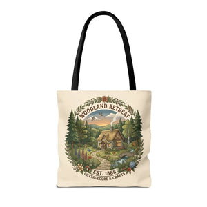 Woodland Retreat Tote Bag, Rustic Cottage Scene Aop Canvas - Bags