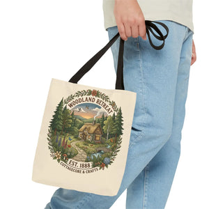 Woodland Retreat Tote Bag, Rustic Cottage Scene Aop Canvas - Bags