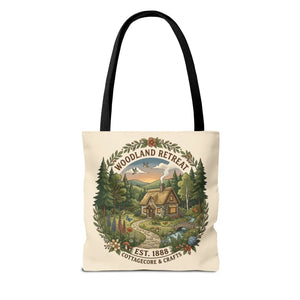 Woodland Retreat Tote Bag, Rustic Cottage Scene Aop Canvas - Bags