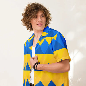 Yellow Blue Geometric Pattern Unisex Button Shirt - Dipaliz - Shirts