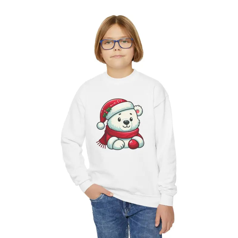 Youth Crewneck: Festive Polar Bear with Santa Hat - Kids Clothes