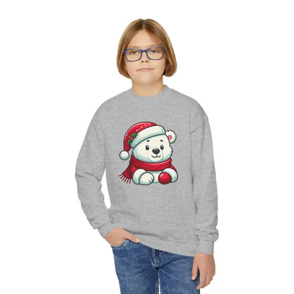 Youth Crewneck: Festive Polar Bear with Santa Hat - Kids Clothes