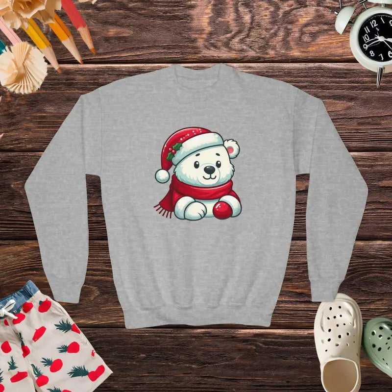 Youth Crewneck: Festive Polar Bear with Santa Hat - Sport Grey / Xs Kids Clothes